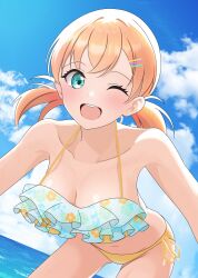 1girl ;d absurdres aokiotemoto bare_shoulders bent_over bikini blue_bikini breasts cleavage collarbone commentary cowboy_shot dutch_angle floral_print floral_print_bikini frilled_bikini frills hair_ornament hairclip highres hinoshita_kaho hinoshita_kaho_(swimsuit) large_breasts link!_like!_love_live! looking_at_viewer love_live! low_twintails medium_hair mismatched_bikini navel official_alternate_costume one_eye_closed open_mouth orange_hair parallel_hairclips print_bikini ruffle_bikini short_twintails smile solo strap_gap string_bikini swimsuit teeth twintails upper_teeth_only virtual_youtuber