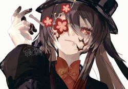 1girl absurdres blood blood_on_hands branch brown_hair cracked_skin flower flower-shaped_pupils flower_over_eye genshin_impact gmpoo93 hair_between_eyes hat highres hu_tao_(genshin_impact) long_hair long_sleeves looking_at_viewer red_eyes shirt signature solo symbol-shaped_pupils watermark