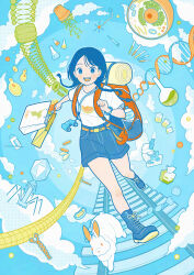 1girl :d absurdres bag beaker belt boots braid cell_nucleus cup dna donut food fruit highres holding holding_bag laces legs long_hair looking_at_viewer mug open_mouth original plant print_shirt rabbit railroad_tracks shirt shorts smile solo syringe teeth thighs tissue_box tongue twin_braids upper_teeth_only watermelon watermelon_slice yoshimon