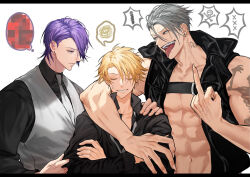 Rule 34 | 3boys, abs, arm around neck, arm hug, arm tattoo, bakshi christensen, bare arms, bare shoulders, belt, black belt, black jacket, black shirt, blonde hair, boy sandwich, censored, closed eyes, collared shirt, crossed arms, earrings, fangs, fingernails, giancarlo bourbon del monte, giulio di bondone, grey eyes, grey hair, grey necktie, grin, hair over one eye, height difference, highres, holding another&#039;s arm, hood, hood down, hooded jacket, jacket, jewelry, looking at another, lucky dog 1, male focus, male harem, middle finger, miyamoyan, mosaic censoring, multiple boys, muscular, muscular male, navel, neck tattoo, necktie, open clothes, open jacket, open mouth, pectoral cleavage, pectorals, piercing, purple eyes, purple hair, sandwiched, sharp fingernails, sharp teeth, shirt, short hair, simple background, sleeveless, sleeveless jacket, smile, speech bubble, spoken squiggle, squiggle, sweatdrop, tattoo, teeth, thought bubble, tongue, tongue out, upper body, vest, white background, white necktie, white vest, yaoi