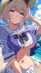 1girl 96dai_0313 absurdres animal_ears beach blue_sky blush bow breasts closed_mouth cloud commentary_request curren_chan_(umamusume) day ear_bow ear_covers highres horse_ears horse_girl horse_tail large_breasts looking_at_viewer midriff navel outdoors purple_eyes school_uniform sky smile solo tail tracen_school_uniform umamusume underboob