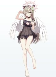 1girl angel_wings animal_ear_hairband animal_ears animal_print bell black_hairband black_nightgown black_panties blue_archive breasts brown_hair cat_cutout cat_ear_panties cat_ears cat_lingerie cat_print cleavage cleavage_cutout clothing_cutout commentary covered_navel cowboy_shot fake_animal_ears flower full_body gesupi_(provlemsolver57) hair_flower hair_ornament hairband halo highres large_breasts long_hair looking_at_viewer meme_attire nagisa_(blue_archive) neck_bell nightgown panties paw_pose red_halo see-through_nightgown side-tie_panties simple_background solo thighs underwear very_long_hair white_background wings yellow_eyes