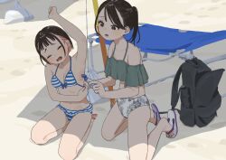 2girls absurdres arm_up armpits backpack bag bare_arms bare_legs bare_shoulders beach beach_chair bikini black_eyes black_hair blue_bikini breasts closed_eyes colored_inner_hair commentary_request flip-flops floral_print floral_print_bikini highres mashiro_ka multicolored_hair multiple_girls off-shoulder_bikini off_shoulder on_ground original outdoors pink_hair presenting_armpit print_bikini rash sand sandals seiza shade short_hair sitting small_breasts striped_bikini striped_clothes swimsuit two-tone_hair