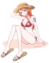 Rule 34 | 1girl, arm behind head, arm support, bare arms, bare legs, bare shoulders, bikini, breasts, brown eyes, cleavage, collarbone, commentary request, earrings, full body, hand on headwear, hat, highres, jewelry, jolly roger, knees up, long hair, looking at viewer, medium breasts, nami (one piece), one piece, orange hair, parted lips, pearl earrings, print bikini, red bikini, sandals, shinogo no, shoulder tattoo, side-tie bikini bottom, single sidelock, sitting, smile, solo, stomach, straw hat, swimsuit, tattoo, toes, twitter username, wavy hair, white background