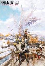 2boys 2girls absurdres aircraft airship armor ashelia_b&#039;nargin_dalmasca belt bench black_hair blonde_hair blue_sky boots bracer brown_hair city cloud cloudy_sky copyright_name copyright_notice day final_fantasy final_fantasy_xii fingerless_gloves floating_island gloves greaves highres kamikokuryo_isamu larsa_ferrinas_solidor looking_at_viewer low_twintails miniskirt multiple_boys multiple_girls official_art penelo plant pteruges short_hair short_twintails sitting skirt sky smile square_enix sword thighhighs twintails vaan_(ff12) vest weapon
