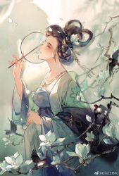 1girl barn_swallow bird black_hair branch check_copyright chinese_clothes chinese_commentary closed_eyes commentary_request copyright_request dress duijin_ruqun earrings eyelashes eyeshadow facial_mark floral_print flower forehead_mark hair_bun hair_ornament hair_rings hand_fan hanfu highres holding holding_fan jacket jewelry light_blush long_sleeves makeup mark_between_eyes necklace one_wang_yaowan open_clothes open_robe original outdoors parted_lips petals purple_dress purple_sash red_eyeshadow robe sash see-through_clothes see-through_jacket short_hair single_hair_bun sleeveless sleeveless_dress solo sphere_earrings swallow_(bird) tassel tassel_hair_ornament tuanshan upper_body watermark weibo_watermark white_background white_flower white_robe wide_sleeves
