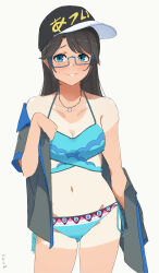 Rule 34 | 1girl, absurdres, baseball cap, bikini, black hair, blue-framed eyewear, blue bikini, blue eyes, blush, breasts, cleavage, cowboy shot, glasses, hat, highres, idolmaster, idolmaster shiny colors, jewelry, long hair, mitsumine yuika, multicolored bikini, navel, necklace, open clothes, open mouth, open shirt, print headwear, side-tie bikini bottom, small breasts, smile, solo, swimsuit, tan, tanline, translated, two-tone shirt, undressing, white background, ywr