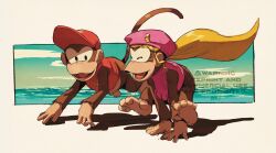 Rule 34 | 1boy, 1girl, baseball cap, blonde hair, border, closed eyes, diddy kong, dixie kong, donkey kong (series), full body, hat, highres, long hair, monkey, nintendo, ocean, pink hat, pink shirt, ponytail, red hat, red shirt, shirt, sketch, sleeveless, sleeveless shirt, tanaka (is2 p), white border