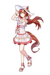 1girl absurdres animal_ears bails breasts brown_hair collarbone cosplay full_body hair_between_eyes hair_ornament hat highres horse_ears horse_girl jewelry long_hair mejiro_mcqueen_(ripple_fairlady)_(umamusume) mejiro_mcqueen_(umamusume) necklace red_eyes sandals see-through_clothes small_breasts smile solo standing standing_on_one_leg still_in_love_(umamusume) swimsuit umamusume