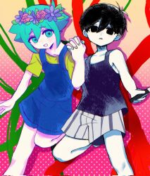 2boys antenna_hair basil_(headspace)_(omori) basil_(omori) black_eyes black_hair blue_overalls blush collarbone colored_skin corrupted_twitter_file double-parted_bangs flower green_eyes green_hair green_shirt head_wreath highres holding holding_hands holding_knife knife looking_at_viewer male_focus multiple_boys omori omori_(omori) open_mouth overall_shorts overalls shirt short_hair short_sleeves shorts smile striped_clothes striped_shorts t-shirt tokkooyaku vertical-striped_clothes vertical-striped_shorts white_shorts white_skin