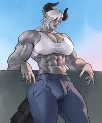 1futa abs absurdres blue_sky breasts bulge cleavage colored_skin demon_girl demon_horns demon_tail denim futanari grey_skin highres horns jeans large_breasts leaning_back mihail_dava muscular muscular_female original pants sky solo tail tank_top white_tank_top