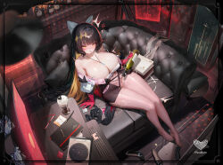 1girl black_hair black_shoes blonde_hair bow box bra_strap breasts cleavage colored_inner_hair computer_keyboard couch crosscore curved_monitor dk.senie from_above full_body gloves highres huge_breasts indoors long_hair monitor multicolored_hair notebook pantyhose pink_gloves pink_pantyhose puffy_short_sleeves puffy_sleeves shoes short_sleeves sitting solo spill surprised two-tone_hair unworn_pantyhose unworn_shoes very_long_hair white_bow yellow_eyes
