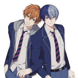 2boys aoyagi_touya belt belt_buckle black_belt blue_eyes blue_hair blue_jacket blue_pants breast_pocket buckle closed_mouth collared_shirt commentary cowboy_shot diagonal-striped_clothes diagonal-striped_necktie double-parted_bangs drawstring green_eyes grin hair_between_eyes hand_in_pocket hashtag-only_commentary highres hood hood_down hooded_jacket jacket kamiyama_high_school_uniform_(project_sekai) lapels layered_clothes layered_sleeves locked_arms long_sleeves looking_at_viewer male_focus multicolored_hair multicolored_necktie multiple_boys necktie notched_lapels open_clothes open_jacket orange_hair pants pocket project_sekai ray_(lthenray) school_uniform shinonome_akito shirt shirt_tucked_in simple_background smile solo split-color_hair standing striped_clothes suit_jacket teeth untucked_shirt white_background white_shirt white_trim wing_collar