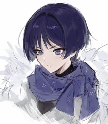 Rule 34 | 1boy, alternate costume, artist name, black bodysuit, blunt ends, bodysuit, closed mouth, eyelashes, eyeliner, eyeshadow, fur collar, genshin impact, highres, light blush, light frown, looking to the side, makeup, male focus, portrait, purple eyes, purple hair, purple scarf, red eyeliner, red eyeshadow, scaramouche (genshin impact), scarf, sgm618, sketch, solo, tsurime, turtleneck, turtleneck bodysuit, wispy bangs