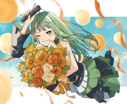 Rule 34 | 1girl, :d, absurdres, balloon, black shoes, bouquet, commission, confetti, flower, frilled shirt, frills, green eyes, green hair, hand up, highres, holding, holding bouquet, indie virtual youtuber, long hair, long sleeves, looking at viewer, nah (vtuber), one eye closed, open mouth, shirt, shoes, smile, solo, takosuke (gyzp7373), virtual youtuber, yellow flower