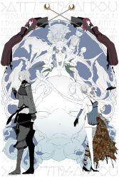 2boys 4girls android bandages bare_shoulders barefoot belt bow brother_and_sister buckle chain cloak closed_eyes collarbone crescent cross-laced_clothes devola dress elbow_gloves expressionless floral_print flower gloves grin high_heels highres kaine_(nier) kanenari lingerie long_hair multiple_boys multiple_girls negligee nier nier_(brother) nier_(brother)_(post_timeskip) nier_(series) no._7_(nier) popola profile red_hair runes scarf siblings sisters smile staff standing sundress symmetry thighhighs twins underwear white_hair wide_sleeves yonah