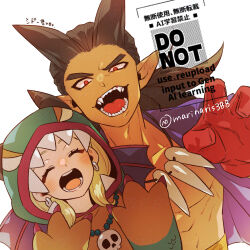 Rule 34 | 1boy, 1girl, adversarial noise, blonde hair, brown hair, commentary request, cosplay, dark-skinned male, dark skin, dragon, dragon quest, dragon quest builders 2, earrings, fangs, female builder (dqb2), fins, gloves, hair horns, head fins, high-waist pants, hoop earrings, jewelry, kasiwamoti11, kigurumi, long hair, looking at viewer, low ponytail, lowres, muscular, muscular male, necklace, open clothes, open mouth, open shirt, orange pants, pants, pointy ears, ponytail, purple shirt, red eyes, red gloves, shirt, sidoh, sidoh (cosplay), sidoh (dqb2), silver earrings, skull necklace, spiked hair, tooth necklace, upper body, white background