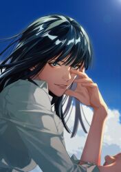 1girl absurdres blue_eyes blue_sky blunt_bangs cloud floating_hair highres korean_commentary long_hair looking_at_viewer nico_robin one_piece oophytoncideoo outdoors profile shirt sky smile solo upper_body white_shirt