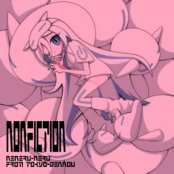 1girl absurdres album_cover blue_hair closed_mouth cover creature deformed denonbu dot_mouth english_text fana-chan fetal_position from_side full_body group_name hair_between_eyes highres leg_warmers long_hair looking_at_viewer lying multicolored_hair neneruneru no_nose on_side one_eye_closed own_hands_together panties pantyshot power_symbol power_symbol_print second-party_source shirt shoes short_sleeves sidelocks skinny sleep_mask slippers slit_pupils solo song_name streaked_hair t-shirt thighhighs two-tone_hair underwear very_long_hair white_hair white_leg_warmers white_panties white_shirt white_shoes white_slippers white_thighhighs