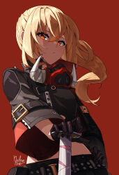 1girl black_gloves black_jacket black_pants black_shirt blonde_hair gloves highres jacket looking_at_viewer luciana_de_montefio mask medium_hair mouth_mask nathan_stefv pants pig_mask red_background red_eyes shirt solo zenless_zone_zero