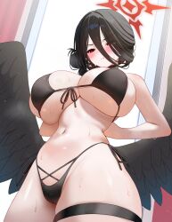 1girl :t absurdres arms_behind_back bare_arms bare_shoulders bikini black_bikini black_choker black_hair black_wings blue_archive blush breasts cameltoe choker cleavage cowboy_shot dressing dressing_room duplicate eyes_visible_through_hair feathered_wings from_below front-tie_bikini_top front-tie_top groin hair_between_eyes hair_bun halo hasumi_(blue_archive) hasumi_(swimsuit)_(blue_archive) highleg highleg_bikini highres huge_breasts inconvenient_breasts long_hair_between_eyes low_wings mizikayo navel official_alternate_costume official_alternate_hairstyle oversized_wings paid_reward_available pout red_eyes red_halo side-tie_bikini_bottom side_ponytail skindentation solo stomach sweat swimsuit thigh_strap v-shaped_eyebrows wings