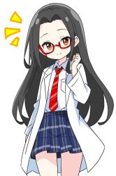 Rule 34 | 1girl, black hair, blue skirt, blush, brown eyes, closed mouth, collared shirt, commentary request, cowboy shot, dot nose, forehead, glasses, hand up, highres, kotatsu-mazoku, lab coat, long hair, long sleeves, looking at viewer, necktie, notice lines, original, plaid clothes, plaid skirt, pleated skirt, red-framed eyewear, red necktie, school uniform, semi-rimless eyewear, shirt, simple background, skirt, smile, solo, under-rim eyewear, white background, white shirt