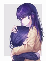 2girls absurdres arm_around_waist black_jacket border chinese_commentary coat colored_inner_hair commentary_request grey_background hand_on_another&#039;s_head highres hug jacket long_hair love_curse:_find_your_soulmate molingxiang_chimangguo multicolored_hair multiple_girls pink_eyes pink_hair purple_eyes purple_hair selene_yan simple_background smile victoria_qi white_border yellow_coat yuri