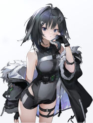 absurdres ahoge arknights arm_behind_back bare_shoulders belt black_eyes black_gloves black_hair black_shirt black_shorts breasts cowboy_shot duplicate fashi_laizi_weilai fingerless_gloves fur-trimmed_jacket fur_trim gloves hair_between_eyes hand_up highres jacket jacket_partially_removed la_pluma_(arknights) medium_breasts oversized_clothes parted_lips pixel-perfect_duplicate shirt shorts shoulder_belt sleeveless sleeveless_shirt thigh_belt thigh_strap white_background