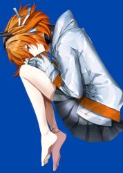 Rule 34 | 1girl, a.i. voice, adachi rei, android, black hairband, black shirt, black skirt, blue background, fetal position, from side, gloves, hair ribbon, hairband, hashtag-only commentary, highres, jacket, long sleeves, no legwear, orange eyes, orange hair, pleated skirt, pocket, radio antenna, ribbon, shirt, side ponytail, simple background, skirt, skirt set, smile, solo, utau, white gloves, white jacket, white ribbon, yuzulemon0711