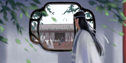 3boys animal_ears architecture black_boots black_hair blurry blurry_foreground boots commentary_request depth_of_field dual_persona east_asian_architecture grey_pants hair_ribbon headband high_ponytail lan_wangji leaf long_hair long_sleeves male_focus modao_zushi multiple_boys pants ponytail rabbit_ears red_ribbon red_sash ribbon sash sitting_in_window topknot wei_wuxian white_headband window xianduguaitan