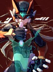 1boy absurdres android armor black_bodysuit black_eyes black_helmet blonde_hair blue_eyes bodysuit bright_pupils covered_navel cowboy_shot cropped_vest dot_nose embers energy_blade energy_sword expressionless fake_horns forehead_jewel gem glowing green_gemstone hand_up helmet heterochromia highres holding holding_sword holding_weapon horned_headwear horns long_hair looking_at_viewer male_focus mega_man_(series) mega_man_zero_(series) omochi_(mochi_skymega) red_armor red_background red_helmet red_vest serious solo sword toned toned_male vest weapon white_pupils z_saber zero(z)_(mega_man) zero_(mega_man)