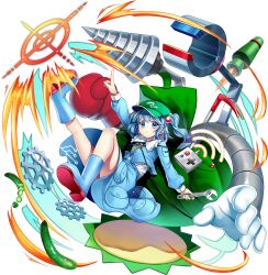 1girl backpack bag blue_boots blue_eyes blue_hair blue_shirt blue_skirt boots boxing_gloves collared_shirt controller cucumber cucumber_slice drill flat_cap frilled_shirt_collar frills full_body game_cg gears gloves green_hat hair_bobbles hair_ornament hat highres holding holding_wrench index_finger_raised kawashiro_nitori key long_sleeves looking_at_viewer official_art pocket red_gloves rotte_(1109) rubber_boots shirt short_hair skirt solo third-party_source touhou touhou_lostword transparent_background two_side_up v-shaped_eyebrows white_gloves wrench