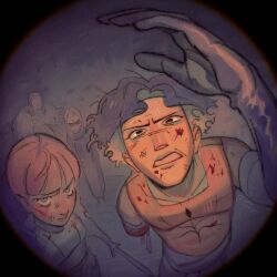 &gt;:( 1girl 3boys amputee angry annoyed armor bandages barbarian bare_shoulders black_gloves black_hair black_pants black_robe blonde_hair blood blood_on_arm blood_on_armor blood_on_chest blood_on_clothes blood_on_face blood_splatter bloody_bandages blue_eyes border bowl_cut breastplate cahara_(fear_&amp;_hunger) cape capelet closed_mouth collarbone cuts d&#039;arce_(fear_&amp;_hunger) elbow_gloves enki_(fear_&amp;_hunger) facing_viewer faulds fear_&amp;_hunger_(series) fear_&amp;_hunger_1 fisheye fold-over_gloves frown full_body fur_cape fur_capelet furrowed_brow glaring gloves gorget highres holding holding_blade holding_sword holding_weapon injury knight leather_armor left-handed long_hair long_sleeves looking_at_viewer looking_up medium_hair multiple_boys open_mouth orange_hair orange_shirt outdoors pants pauldrons plate_armor pov_peephole ragnvaldr_(fear_&amp;_hunger) red_hair robe round_border scrape scratches shirt short_hair short_sword shoulder_armor signature single_elbow_glove single_glove sleeveless sleeveless_shirt standing sword teeth tight_clothes tight_shirt v-shaped_eyebrows very_short_hair weapon