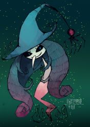 absurdres black_hair blue_eyes blue_hair character_name claws covering_own_mouth gen_8_pokemon green_background hand_over_own_mouth hat hatterene highres long_hair multicolored_hair nintendo pink_hair pokemon smile spiral tentacles two-tone_hair witch_hat