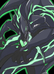 Rule 34 | 1boy, armor, black hair, black skin, blazblue, blazblue: central fiction, blazblue: cross tag battle, colored skin, facing viewer, glowing, glowing eyes, green eyes, green hair, highres, horns, kitagawa kagura, long hair, sharp teeth, susanoo (blazblue), talons, teeth