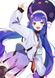 1girl ahoge arm_up armband black_thighhighs black_undershirt blue_eyes blue_hair blue_streaks blunt_bangs bow braid cellphone_strap commentary_request cowboy_shot dutch_angle eel_hat goggles gradient_clothes gradient_hair gradient_skirt hair_between_eyes hair_bow hair_ornament hairclip hat hat_ribbon highres honeycomb_(pattern) honeycomb_print jacket large_hat long_hair long_sleeves looking_at_viewer low-braided_long_hair low-tied_long_hair low_twintails mo_kiduti mortarboard multicolored_hair multicolored_skirt open_mouth otomachi_una otomachi_una_(voicepeak) pink_skirt pink_streaks pink_stripes pleated_skirt print_thighhighs puffy_long_sleeves puffy_sleeves purple_hat purple_jacket purple_skirt red-framed_eyewear ribbon safety_pin sailor_collar sailor_jacket shirt shoulder_strap simple_background skirt smartphone_case smile solo streaked_hair striped_bow striped_ribbon teeth thighhighs turtleneck turtleneck_shirt twintails upper_teeth_only very_long_hair voicepeak white_armband white_background white_bow white_ribbon white_sailor_collar
