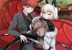 1boy 1girl absurdres black_gloves black_shirt breasts clothes_grab commentary cosplay couch crossed_legs emiya_shirou english_commentary evertale eyeshadow fate/grand_order fate/stay_night fate_(series) flat_color formal_clothes fur_jacket gloves grey_hair grey_jacket grey_pants grey_suit highres huge_breasts jacket jeanne_d&#039;arc_alter_(fate) lancelot_(evertale) lancelot_(evertale)_(cosplay) leotard looking_at_viewer makeup necktie necktie_grab neckwear_grab nontraditional_playboy_bunny official_alternate_costume on_couch orange_hair pants playboy_bunny red_background red_necktie self-upload shirt shokobr simple_background sitting sitting_on_lap sitting_on_person spiked_hair suit unfinished yellow_eyeshadow