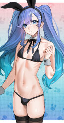 Rule 34 | 1boy, akagi kurage, animal ear hairband, animal ears, aqua eyes, bikini, black bikini, black panties, black ribbon, black thighhighs, blue eyes, blue hair, collar, cowboy shot, detached collar, eyelashes, fake animal ears, gradient hair, grid background, hair ornament, hairband, hairclip, hand up, highres, linea alba, long hair, looking at viewer, male focus, multicolored hair, navel, neck ribbon, original, panties, playboy bunny bikini, rabbit ear hairband, rabbit ears, ribbon, ribs, sidelocks, smile, solo, stomach, swimsuit, thighhighs, trap, underwear, white collar, wrist cuffs