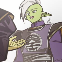 Rule 34 | 2boys, colored skin, dragon ball, dragon ball super, earrings, eye contact, gowasu, green skin, grey eyes, jewelry, ldrcrest, long sleeves, looking at another, mohawk, multiple boys, open mouth, pointy ears, potara earrings, purple shirt, reaching, reaching towards another, shirt, short hair, smile, white hair, yellow skin, zamasu