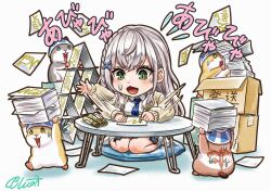 1girl afterimage asymmetrical_hair blue_necktie box braid breasts buru-dai cardboard_box cardigan commentary_request dan&#039;in-san_(shirogane_noel) diagonal-striped_clothes diagonal-striped_necktie hair_ornament hamster helmet hololive house_of_cards long_hair medium_breasts miniskirt necktie open_mouth paper_stack plaid_clothes plaid_skirt pleated_skirt shirogane_noel signature signing sitting skirt socks striped_clothes sweat table translation_request virtual_youtuber wariza white_socks x_hair_ornament yellow_cardigan