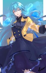 1girl :d absurdres alternate_costume artist_name ascot black_ascot blue_eyes blue_hair buttons commentary_request eirika_(emblem)_(fire_emblem) eirika_(fire_emblem) fire_emblem fire_emblem:_the_sacred_stones fire_emblem_engage hair_between_eyes highres jacket long_hair long_sleeves nanashi_kuno nintendo open_clothes open_jacket open_mouth smile standing tongue watermark yellow_jacket