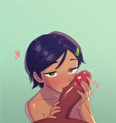 1boy 1girl amphibia black_hair dark-skinned_male dark_skin facing_viewer fellatio green_eyes hetero highres interracial kassitta large_penis licking licking_penis marcy_wu oral penis penis_grab pov short_hair simple_background solo_focus uncensored