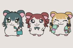 :3 animalization antenna_hair aqua_bag black_bow blonde_hair blue_bow blue_bowtie blue_eyes bow bowtie braid brown_hair closed_eyes flower fujita_kotone gakuen_idolmaster game_boy green_eyes green_hair hair_flaps hair_flower hair_ornament hamster hamtaro_(series) hanami_saki handheld_game_console idolmaster jacket lineup low_twin_braids multicolored_jacket parody pxllb retro_artstyle simple_background style_parody tsukimura_temari twin_braids twintails v-shaped_eyebrows white_background