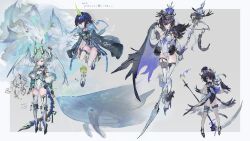 3girls animal_on_arm aqua_sleeves armlet armor asymmetrical_legwear belt bird bird_on_arm black_cape black_crown black_footwear black_garter black_hair black_leotard black_wings black_wrist_cuffs blue_cloak blue_hair blue_tail boots border cape clenched_hand cloak collared_cloak commentary_request crow crown detached_sleeves dragon_horn dragon_tail elbow_gloves eyelashes feather_cape feathered_wings fire frilled_thigh_strap full_body fur-trimmed_boots fur-trimmed_sleeves fur_trim gloves green_eyes green_horns grey_background grey_belt grey_gloves grey_leotard hair_over_one_eye head_wings high_heel_boots high_heels highres holding holding_scythe holding_unworn_cape holding_unworn_clothes horns jewelry knee_pads leotard looking_at_viewer mini_crown mismatched_legwear multiple_girls multiple_views open_mouth original outside_border pauldrons purple_cape purple_crown purple_eyes purple_fire ribbed_legwear scythe short_hair shoulder_armor simple_background single_bare_shoulder single_horn single_pauldron single_wrist_cuff spiked_kneepads tail thigh_belt thigh_strap tokino_kito translation_request two-sided_cape two-sided_fabric unworn_cape whale white_border white_footwear white_gloves white_leotard white_wings wings wrist_cuffs