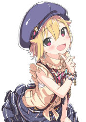 Rule 34 | 1girl, :d, bead bracelet, beads, blonde hair, blue hat, blue skirt, bow, bowtie, bracelet, cabbie hat, center frills, collared shirt, dress shirt, earrings, frills, hair between eyes, hair flaps, hand up, hat, ibuki tsubasa, idolmaster, idolmaster million live!, index finger raised, jewelry, kuresuku (lessons), looking at viewer, multiple bracelets, open mouth, pink eyes, polka dot bowtie, red bow, red bowtie, shirt, short hair, skirt, sleeveless, sleeveless shirt, smile, solo, striped bow, striped bowtie, striped clothes, suspender skirt, suspenders, white background, yellow shirt