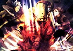 Rule 34 | 3boys, black pants, blue background, blue eyes, blue hair, boss troll, brown hair, camus (dq11), clenched teeth, club, club (weapon), colored sclera, colored skin, commentary request, dagger, dodging, dragon quest, dragon quest xi, earrings, fighting, floating clothes, floating hair, green skin, green tunic, hero (dq11), holding, holding club, holding dagger, holding knife, holding sword, holding weapon, hoop earrings, jewelry, knife, male focus, multiple boys, orange socks, pants, parted hair, pointy ears, popon (user eaem5325), profile, purple tunic, short hair, socks, spiked club, spiked hair, sword, teeth, tunic, weapon, wide-eyed, yellow sclera