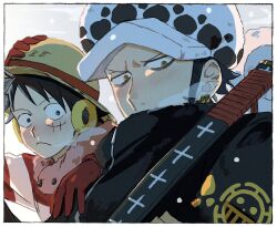 2boys black_coat black_hair border brown_eyes closed_mouth coat commentary_request covered_mouth dekaidaikon earmuffs frown fur-trimmed_coat fur_trim gloves hand_on_another&#039;s_shoulder hand_on_own_head hat heart_pirates_jolly_roger highres looking_to_the_side male_focus multiple_boys one_piece pink_fur red_gloves short_hair sideburns sideways_glance snowing straw_hat sword trafalgar_law upper_body weapon white_border zipper zipper_pull_tab