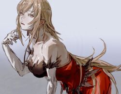 1girl bare_shoulders blonde_hair breasts cleavage collarbone dress elbow_gloves feather-trimmed_dress feather-trimmed_gloves feather_trim frilled_dress frills gloves hair_ribbon highres kiss-shot_acerola-orion_heart-under-blade kizumonogatari large_breasts long_hair looking_at_viewer monogatari_(series) oshino_shinobu pointy_ears red_dress ribbon simple_background solo strapless strapless_dress taki_(a313131333) vampire very_long_hair white_gloves yellow_eyes