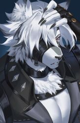 1boy animal_ear_fluff animal_ears animal_nose black_collar black_gloves black_hair black_nails black_vest collar collared_vest colored_tips commentary crovius dark_background fingerless_gloves fingernails furry furry_male gloves hand_on_own_head hand_up highres long_fingernails looking_at_viewer male_focus multicolored_hair one_eye_covered parted_lips pectoral_cleavage pectorals red_eyes short_hair solo upper_body vest von_lycaon white_fur white_hair wolf_boy wolf_ears zenless_zone_zero