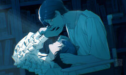 1boy 1girl blue_theme book bookshelf collared_shirt commentary_request frilled_shirt frilled_sleeves frills from_side fukurai_azami glasses hair_between_eyes hands_on_another&#039;s_face highres indoors light_particles long_sleeves looking_at_another looking_down looking_up meguriya_ayumu monochrome profile saida_(ohda_ooda) shirt short_hair toshi_densetsu_kaitai_center triangle_necklace upper_body wheelchair